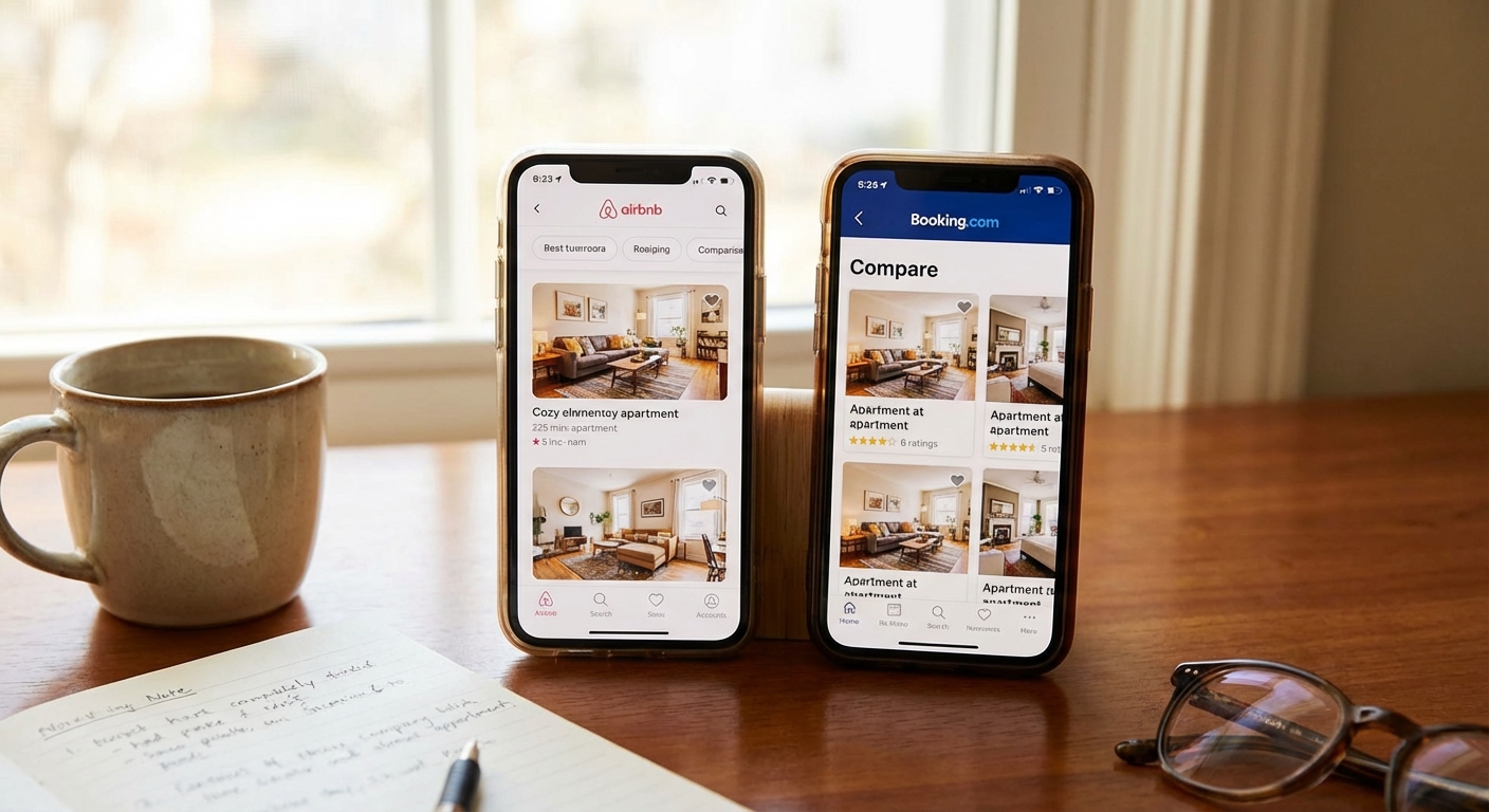 Split screen comparing different accommodation booking apps on smartphone screens
