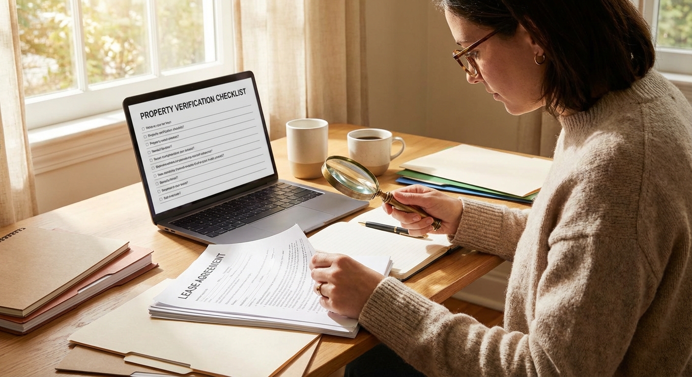 Person carefully reviewing rental documents with laptop showing property verification checklist