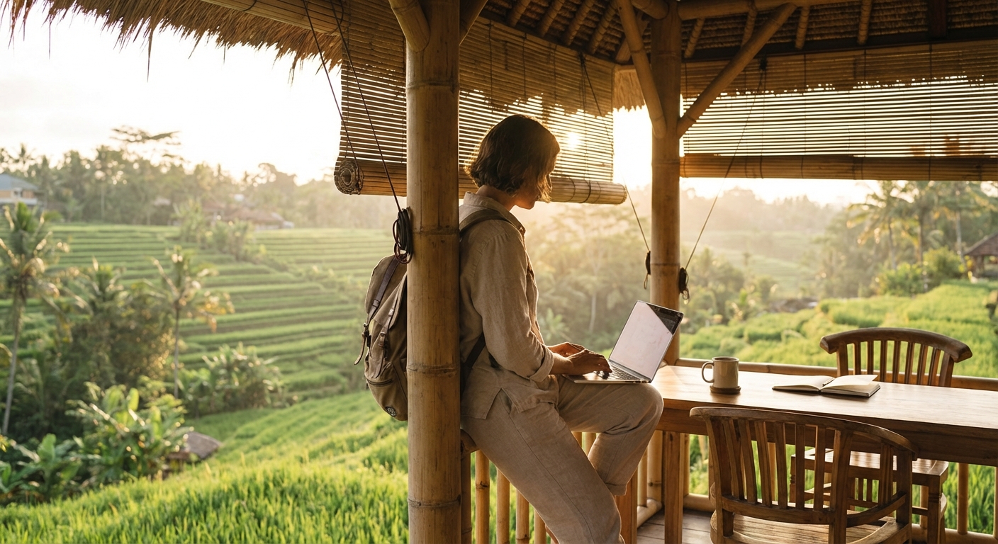 Digital nomad working from Bali rice terrace pavilion
