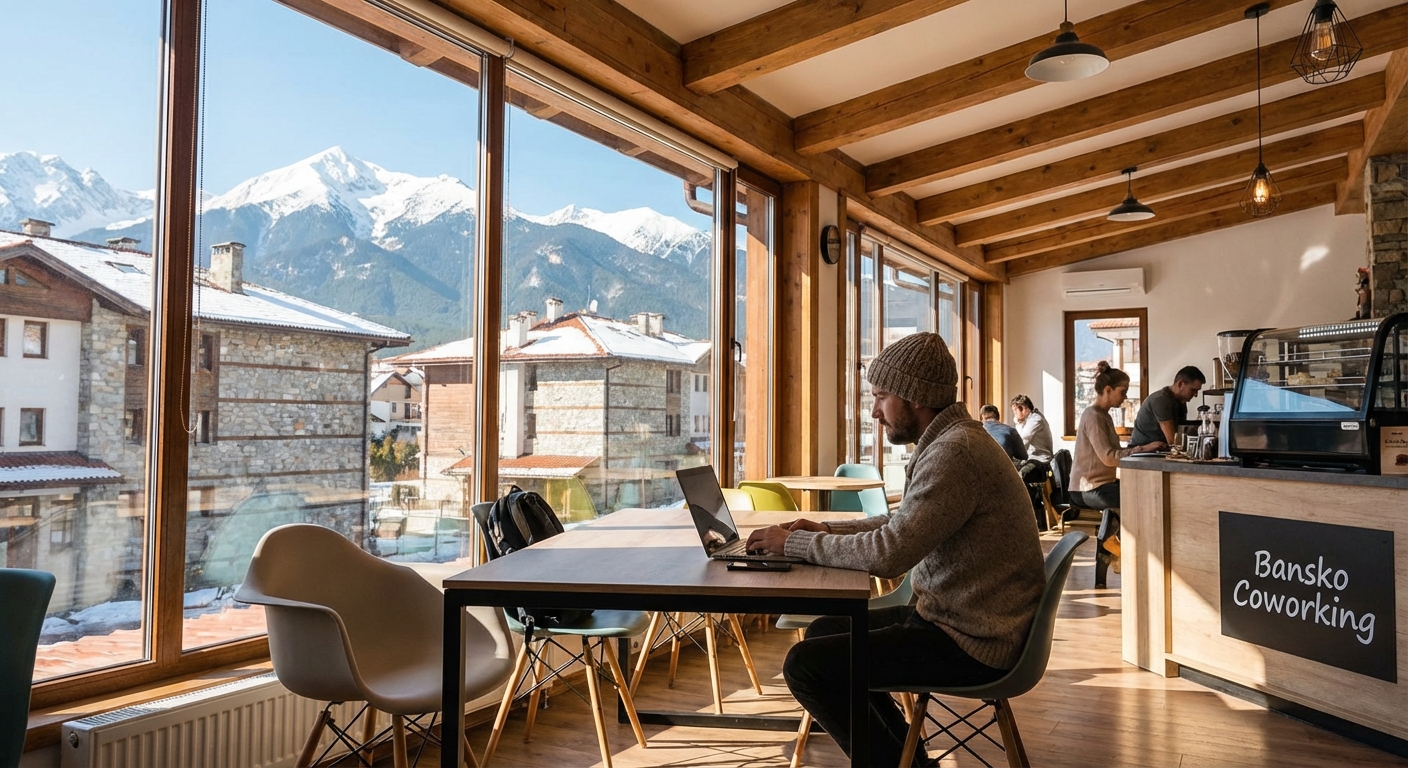 Digital nomad working in Bansko coworking space with mountain views