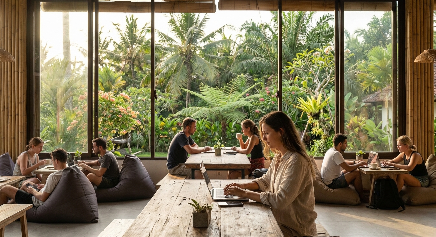 Digital nomad working from a tropical cafe in Southeast Asia