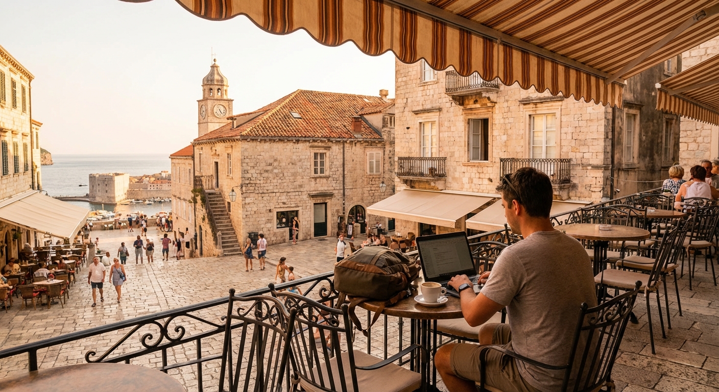 European cityscape with digital nomad working from a cafe terrace