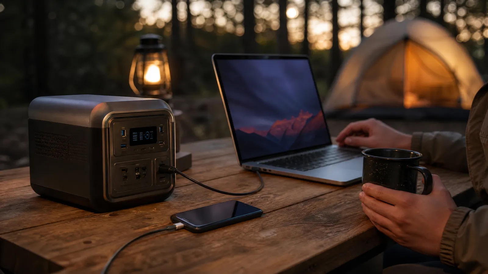 Portable power station on a wooden camp table powering a laptop and phone at a forest campsite at dusk