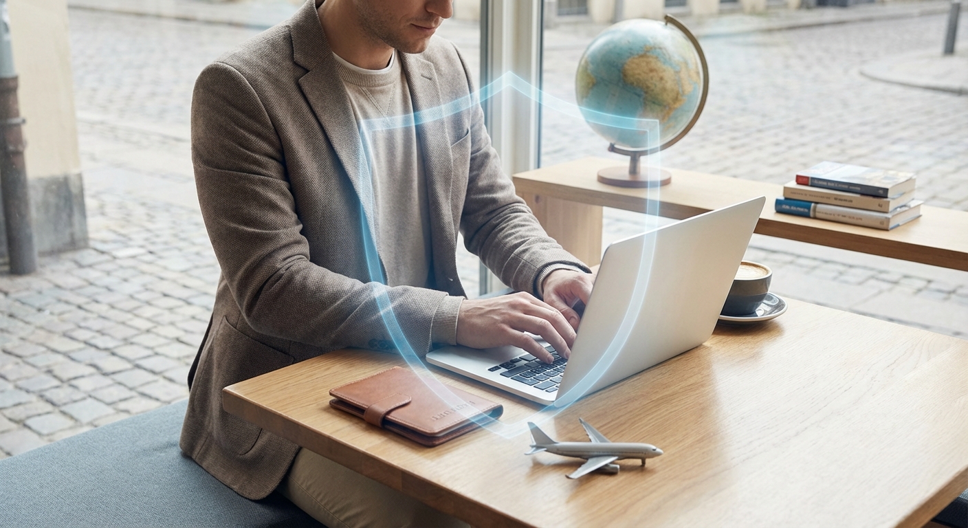 Digital nomad working on laptop with travel insurance protection concept