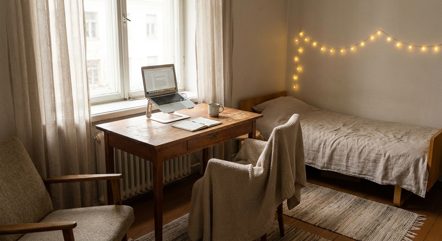 Cozy budget-friendly room with laptop workspace and simple comfortable furnishings