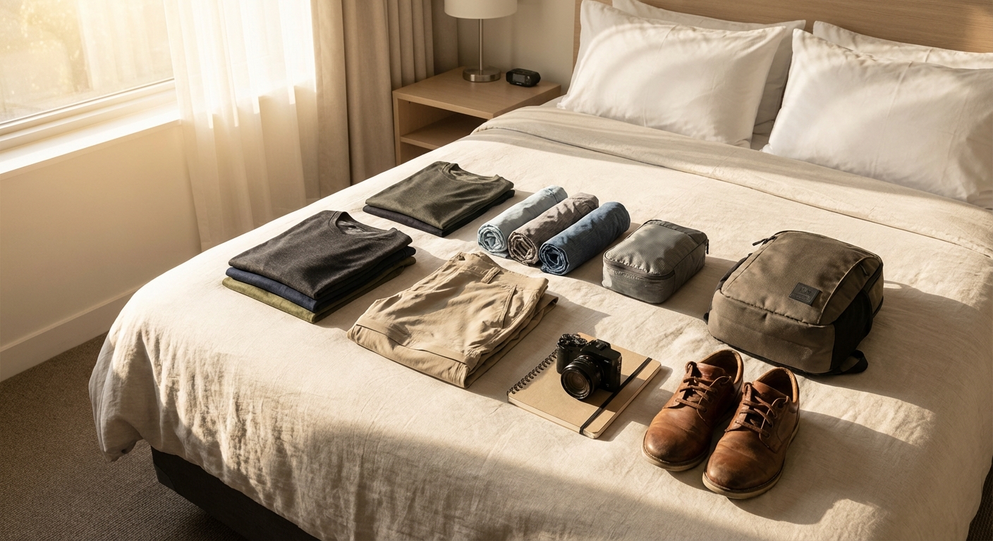 Minimalist digital nomad capsule wardrobe with versatile travel clothing pieces