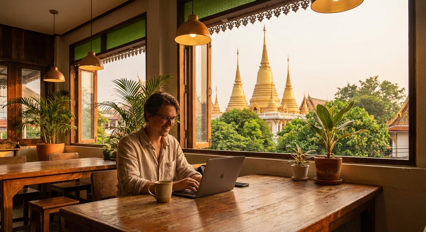 Chiang Mai digital nomad working in a Thai cafe with temples visible