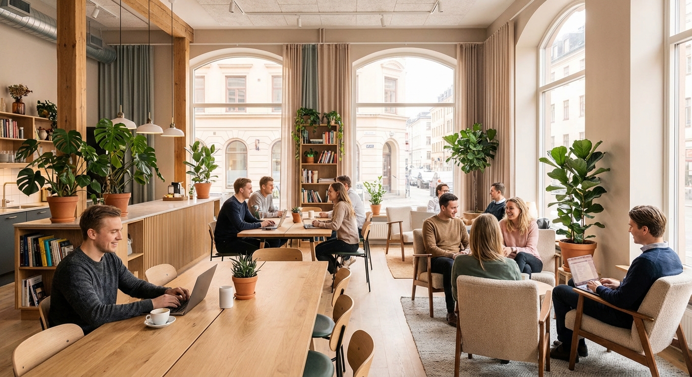 Modern co-living common area with people working on laptops and socializing