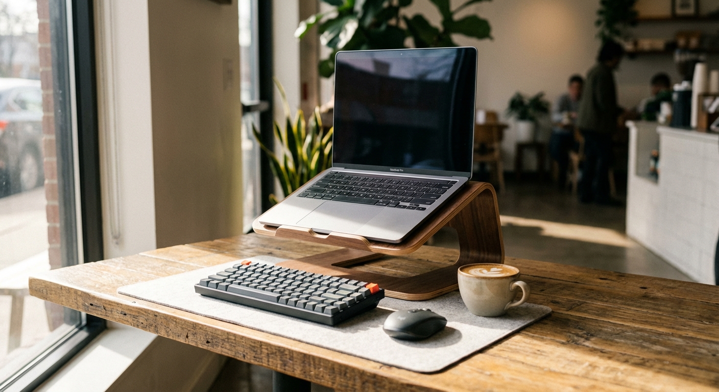 Complete digital nomad remote work setup with laptop stand, keyboard, and portable monitor