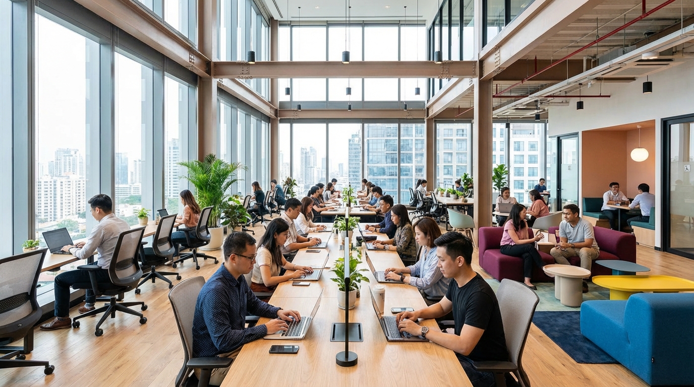 Digital nomads working in modern coworking space with laptops