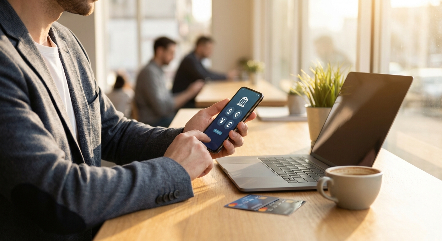 Digital nomad managing finances on laptop with credit cards and currency