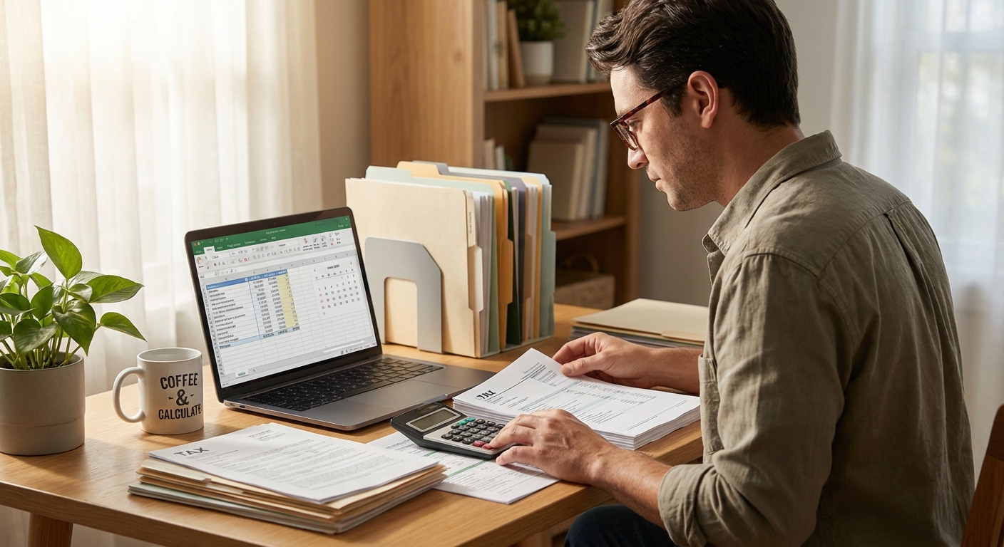 Digital nomad reviewing tax documents with world map