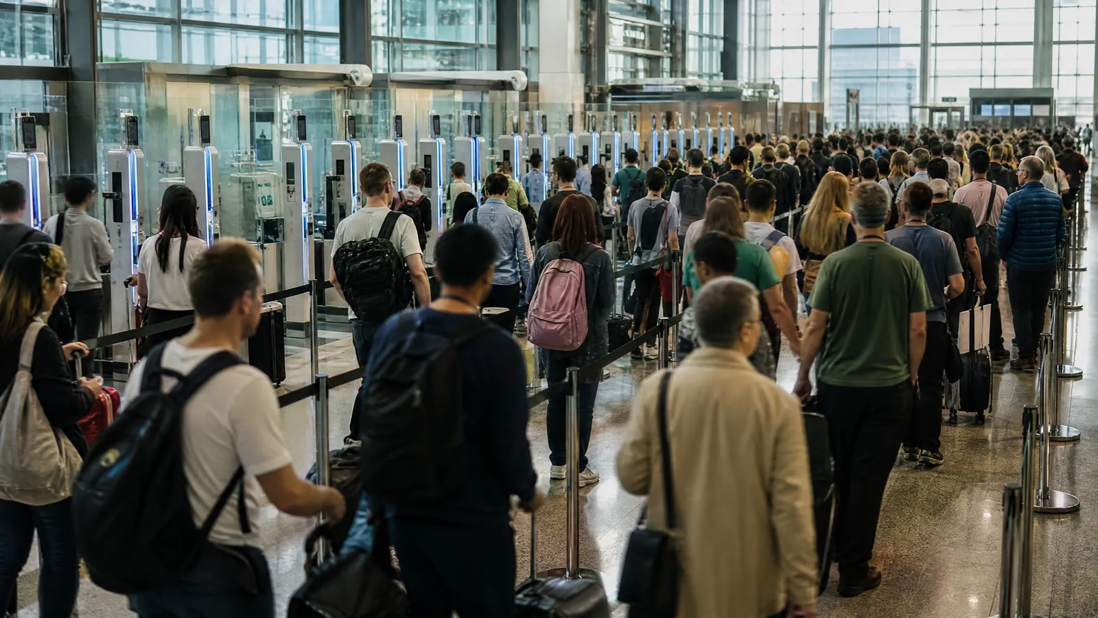 Long queue of travellers with luggage waiting at a European airport border control hall, automated biometric e-gates lit in the background