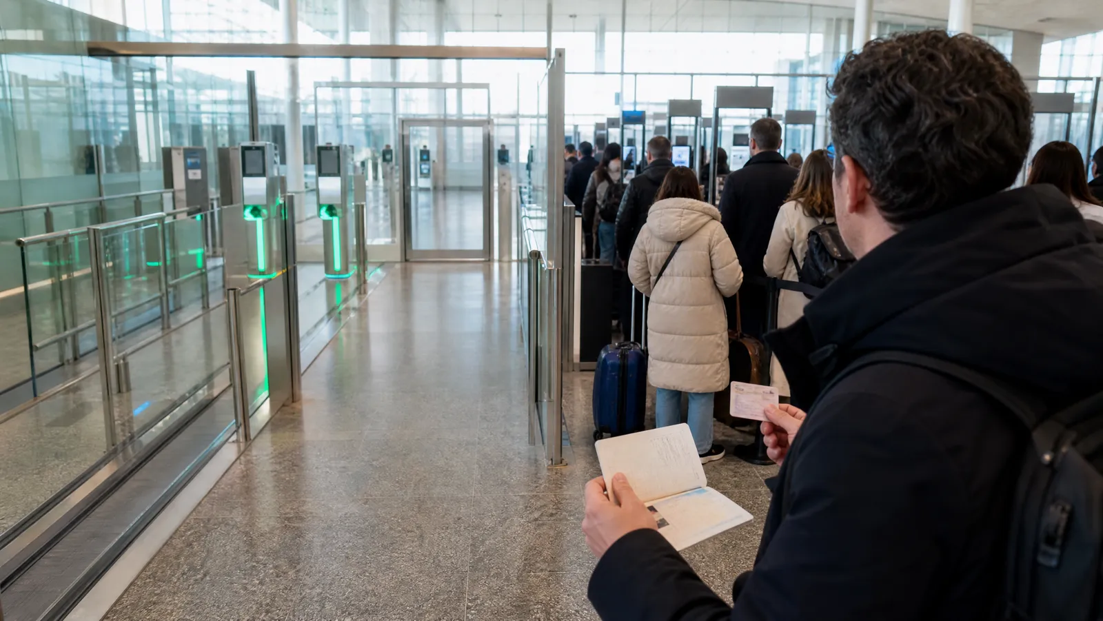 European border control with an empty fast lane for residence permit holders beside a longer queue at biometric enrolment kiosks
