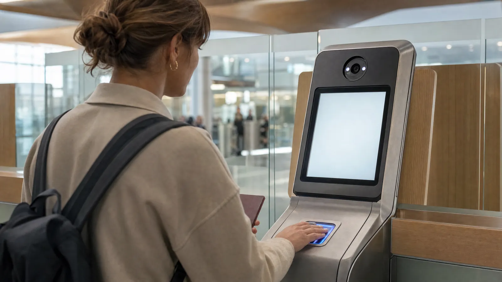 Traveller placing fingers on the fingerprint reader of a self-service biometric border kiosk at a European airport