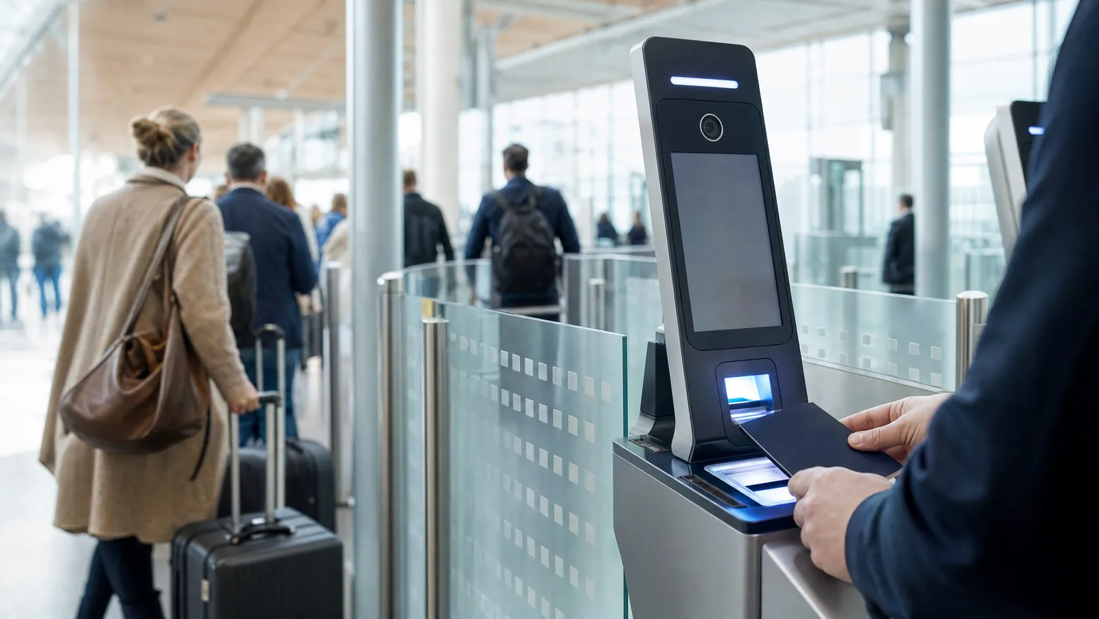 Automated biometric e-gate kiosk in a modern European airport border hall, a traveller holding a passport near the scanner