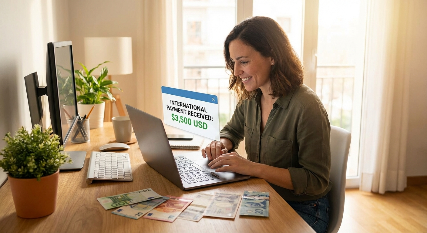 Freelancer receiving international payments on laptop
