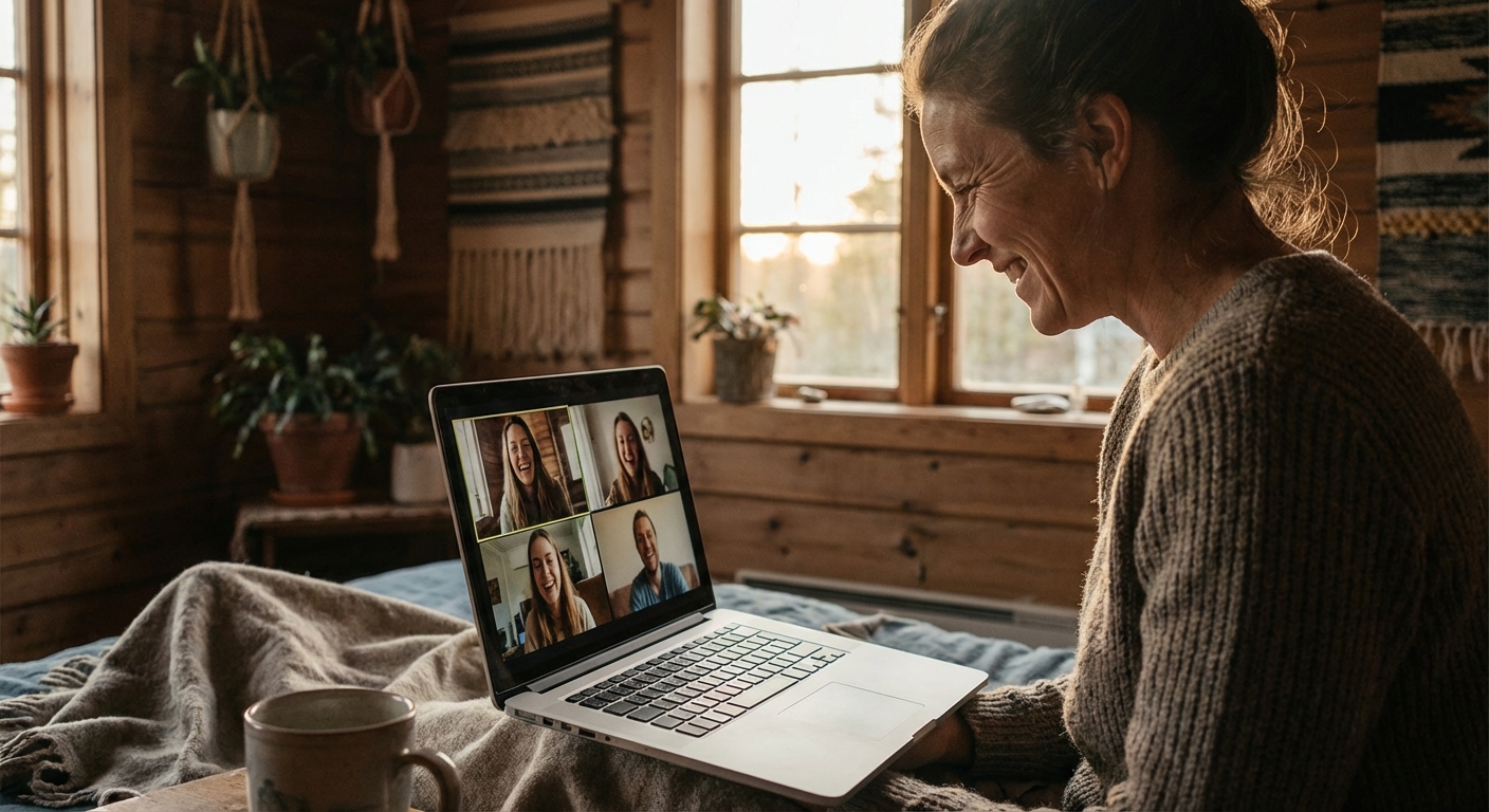 Person having heartfelt video call with family in a cozy travel setting