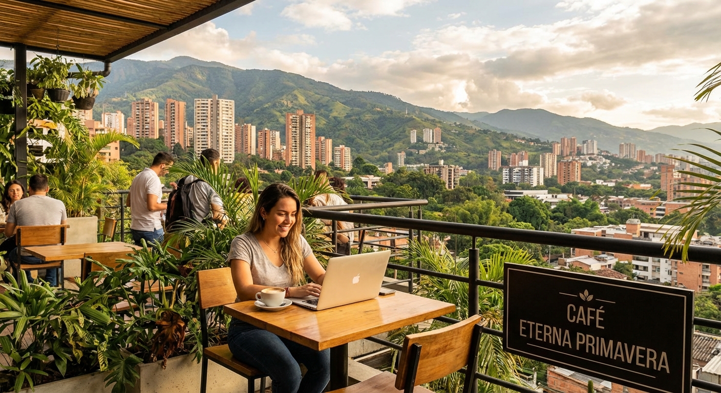 Digital nomad working from a cafe in Medellín with mountain views
