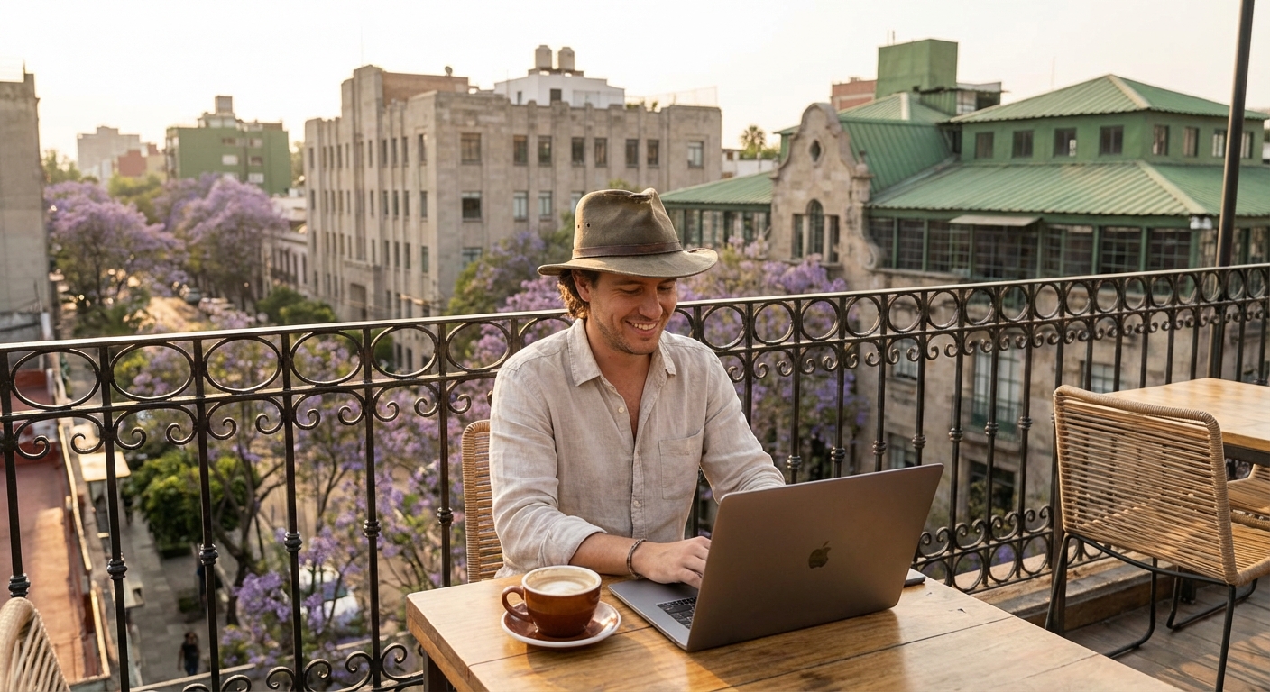 Digital nomad working from a rooftop cafe in Mexico City with city skyline