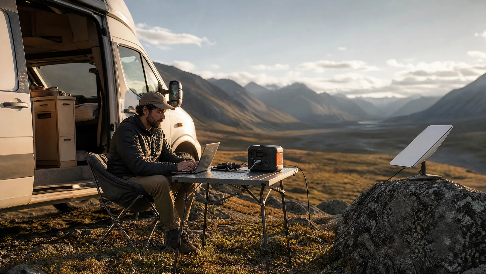 Remote worker typing on a laptop beside a camper van in a mountain valley, with a portable satellite internet dish and power station set up off-grid