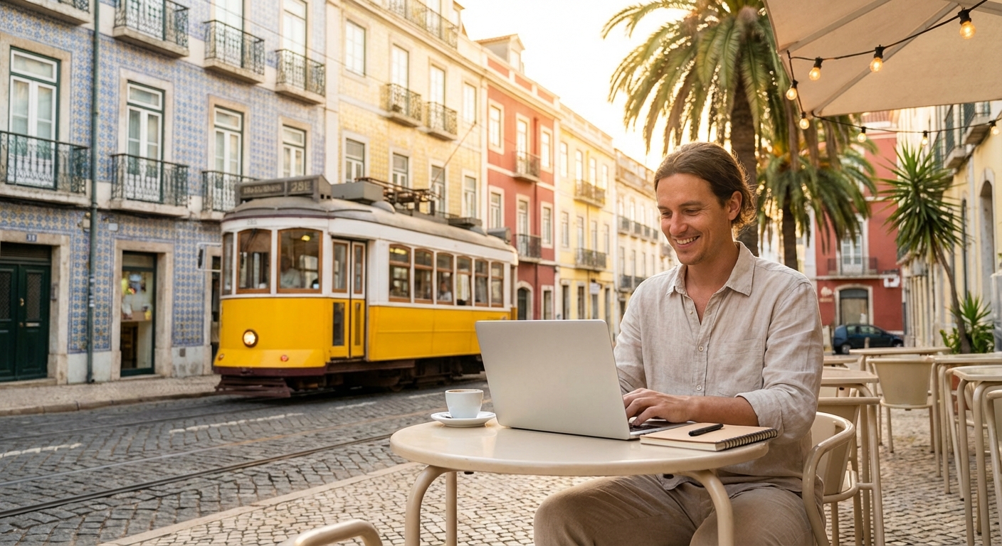 Digital nomad working at cafe in Lisbon Portugal with laptop