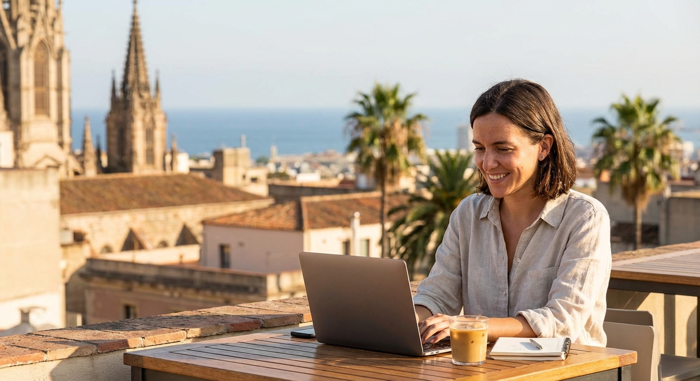 Digital nomad working from Barcelona Spain with Mediterranean view