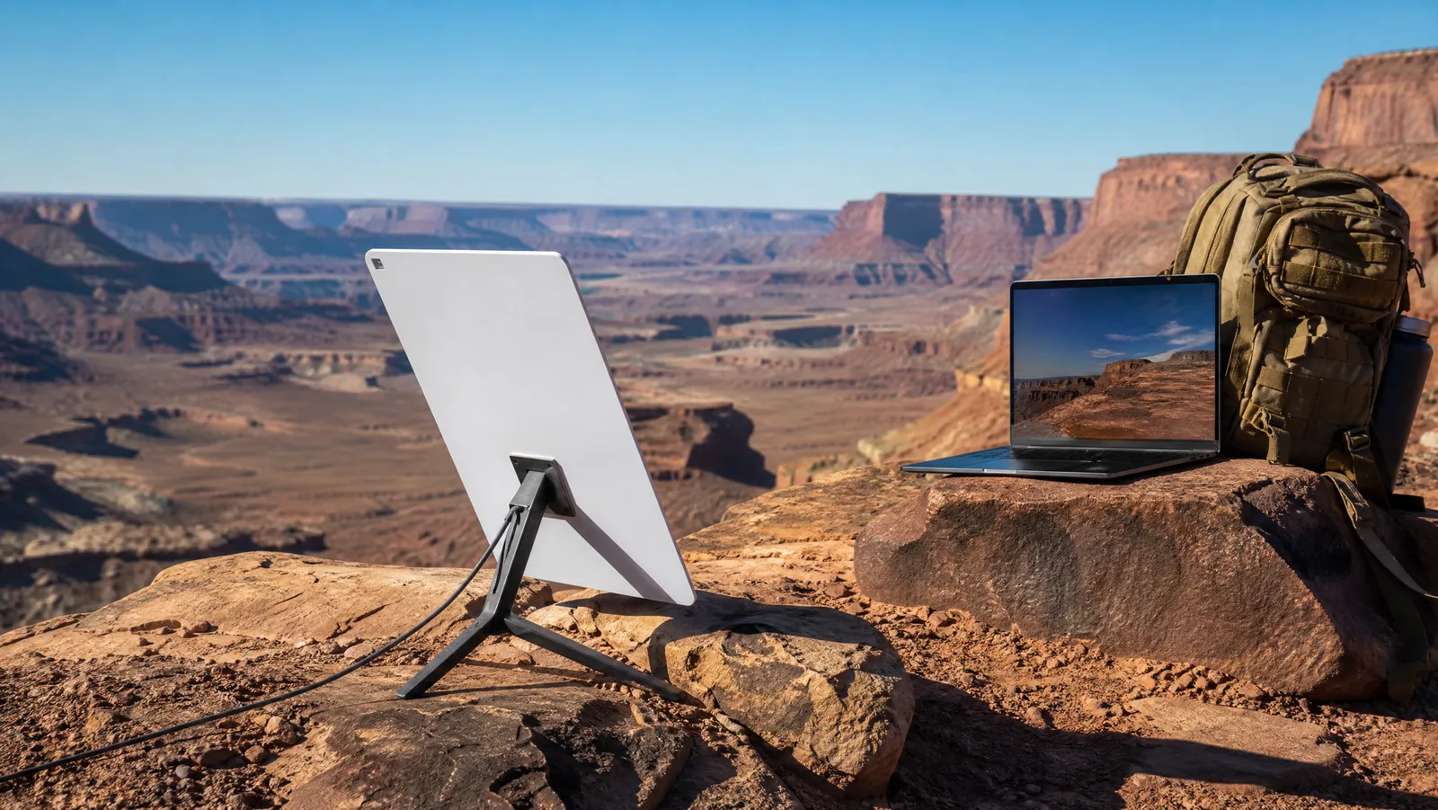Compact portable satellite internet dish propped on rocky ground facing the sky, beside a backpack and laptop overlooking a desert canyon