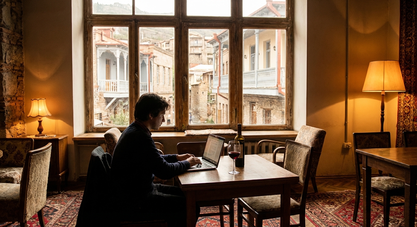 Digital nomad working in a Tbilisi cafe with old town architecture visible