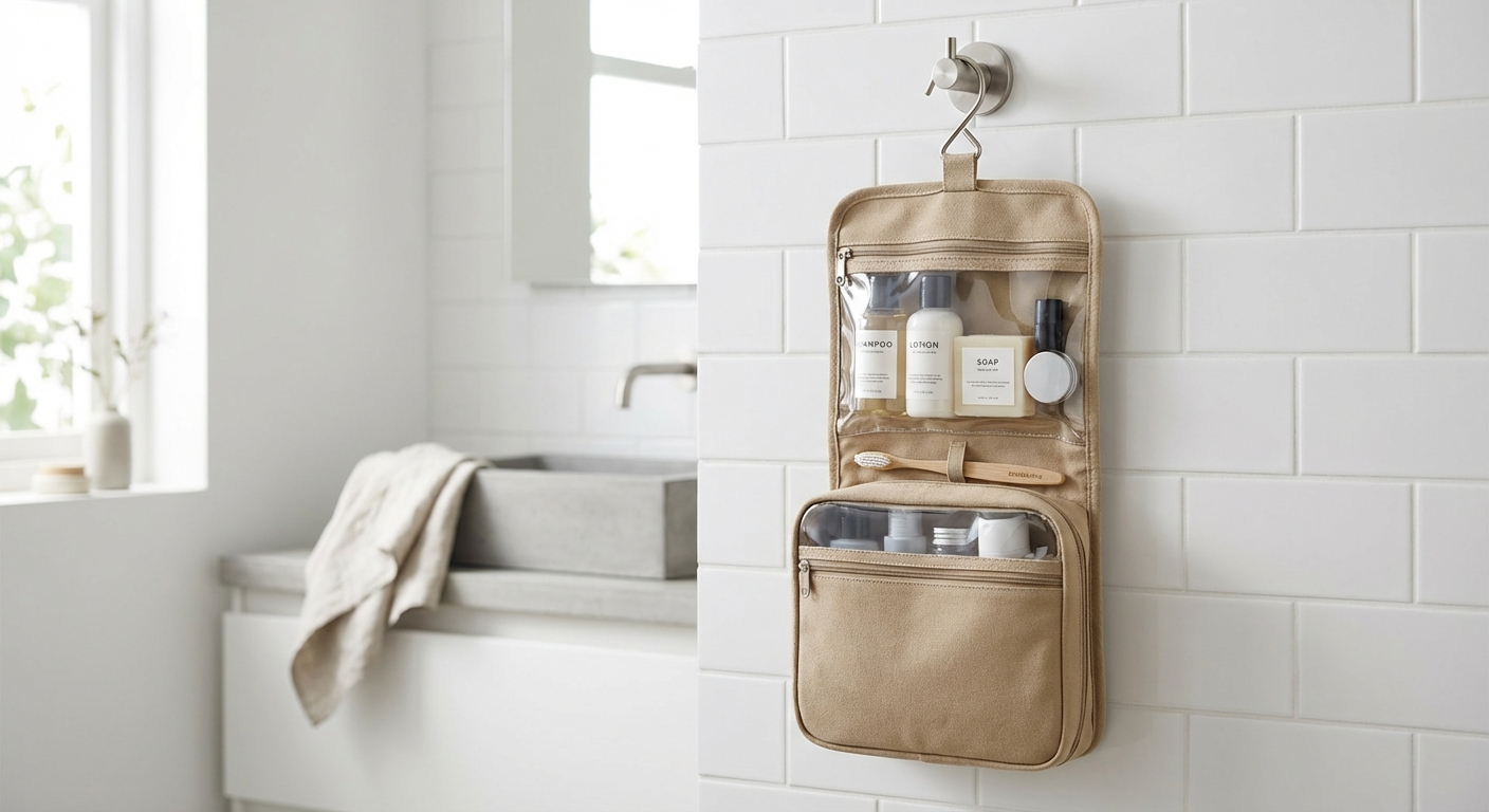 Organized digital nomad toiletry bag with travel essentials