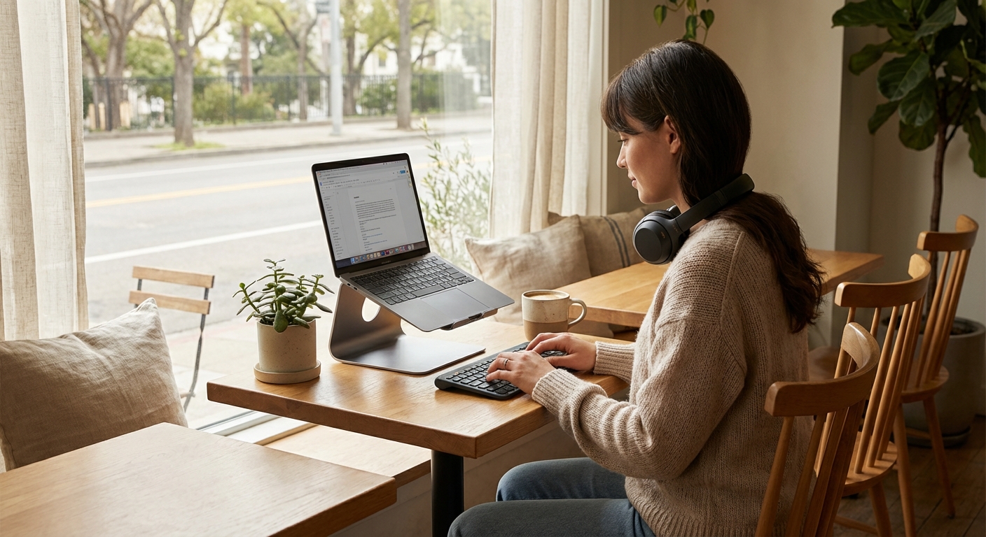 Digital nomad working productively from a cafe with laptop and coffee